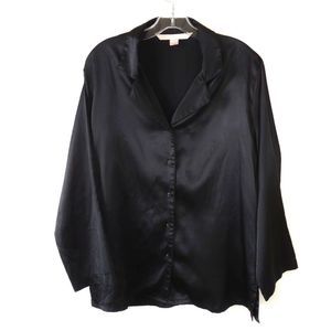 Victoria's Secret S Black Satin Button Front Sleep Shirt LS V-Neck
